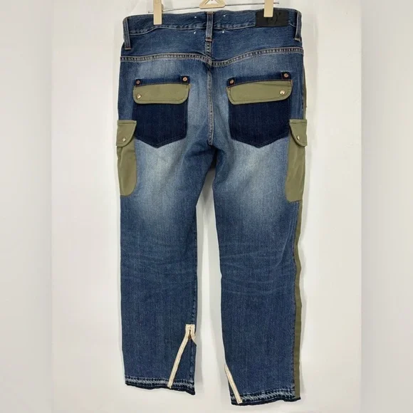 NWOT +People Denim Patchwork Zipper Boyfriend Jean Blue Green 28 - Picture 4 of 5